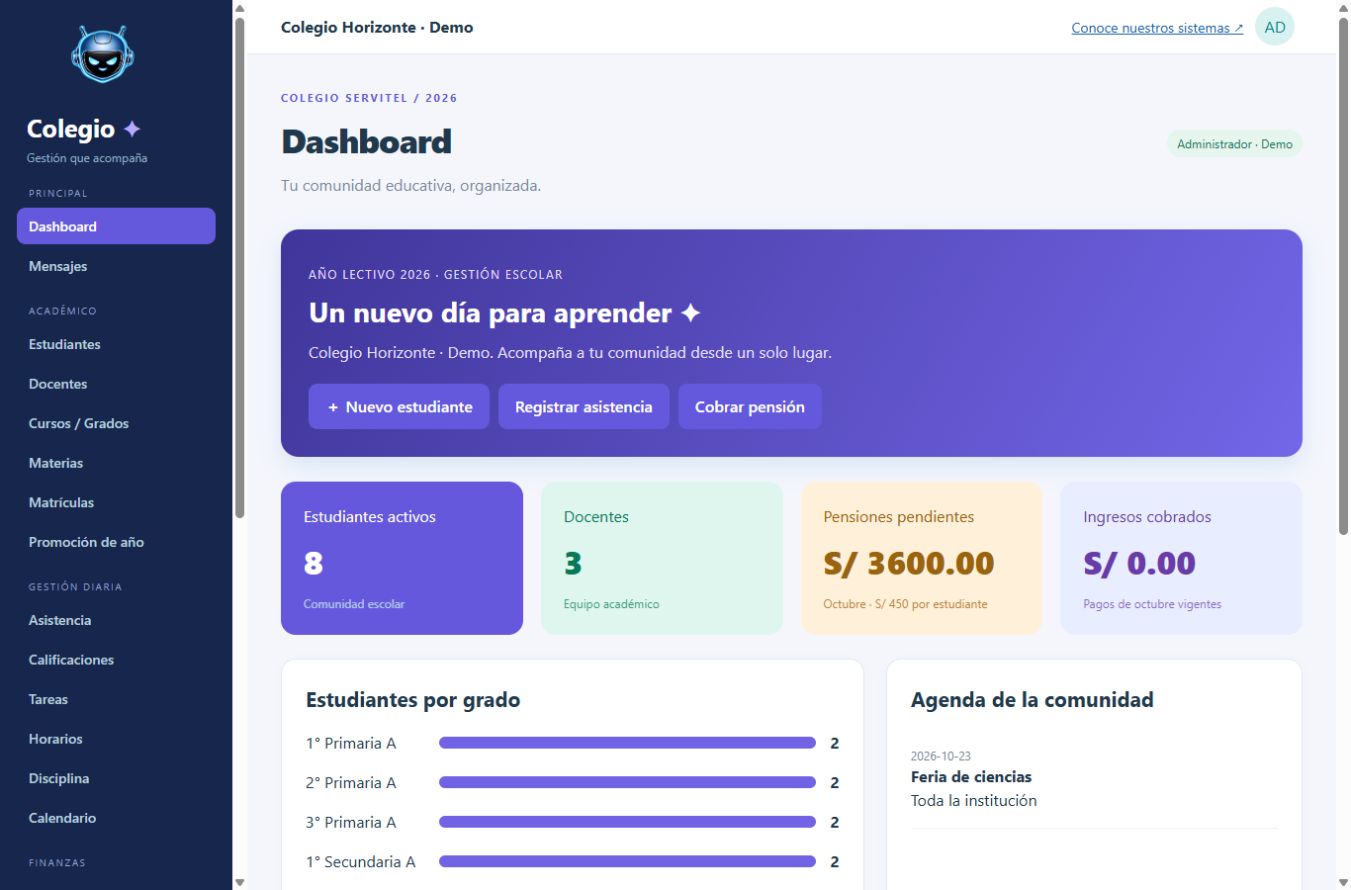 Vista real del panel de Sistema para Colegios con datos de ejemplo